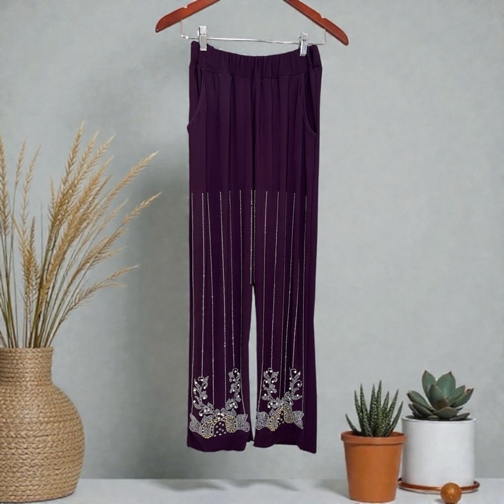 Flim Luxury Fashion Elegant Embellished Women's Purple Pull On Pants Size XL